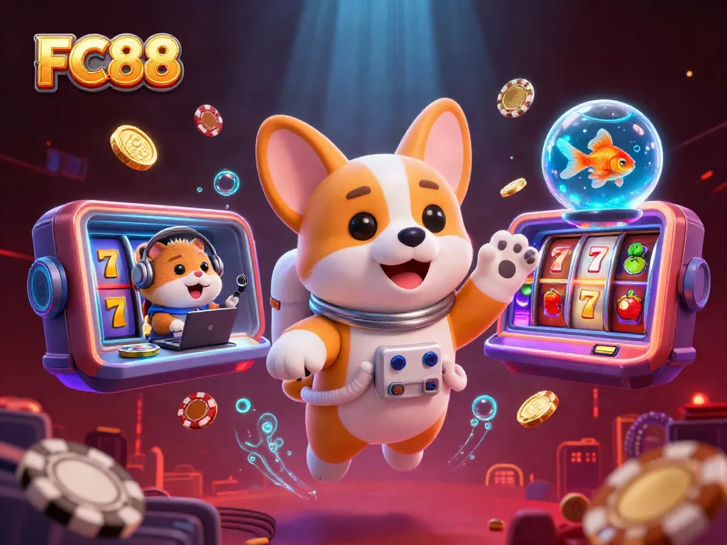 FC88 casino illustration featuring a floating astronaut corgi, vibrant slot symbols, and immersive gaming atmosphere.