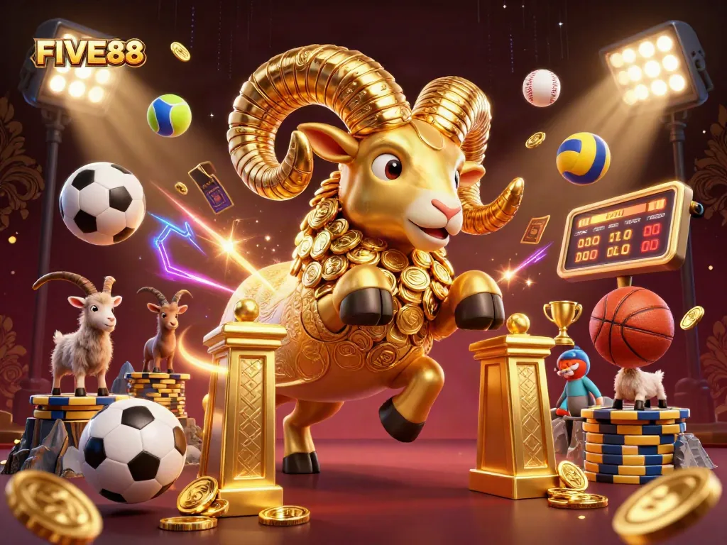 Experience the electrifying action at FIVE88 with a dynamic scene of a golden ram and sports elements!