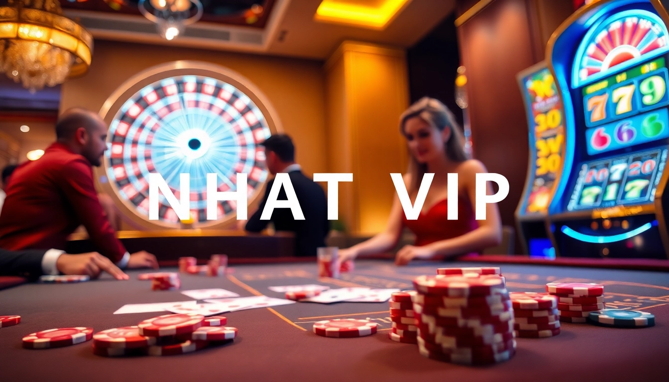 NHTVIP casino scene featuring vibrant gaming tables, chips, and a roulette wheel.