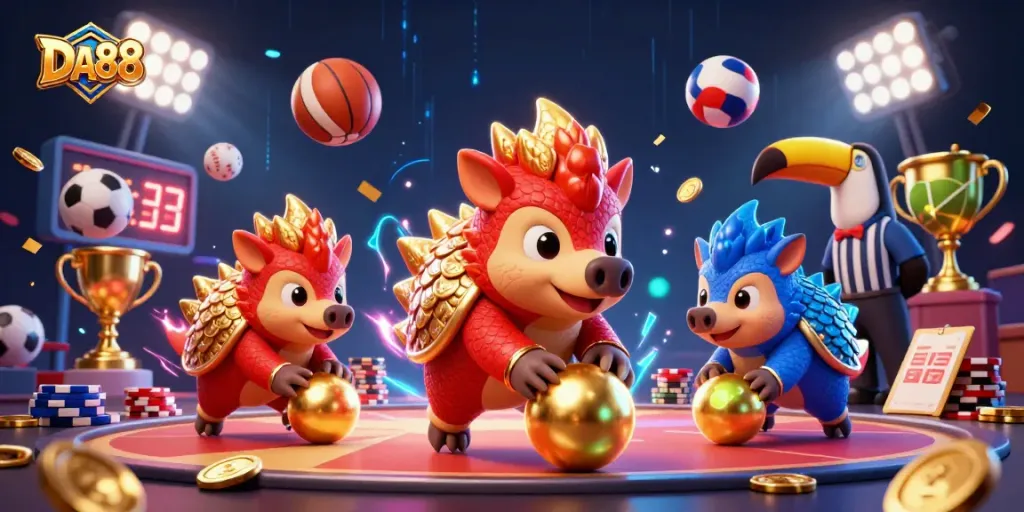 DA88 pangolins compete with golden balls in a vibrant casino setting, showcasing gambling excitement.