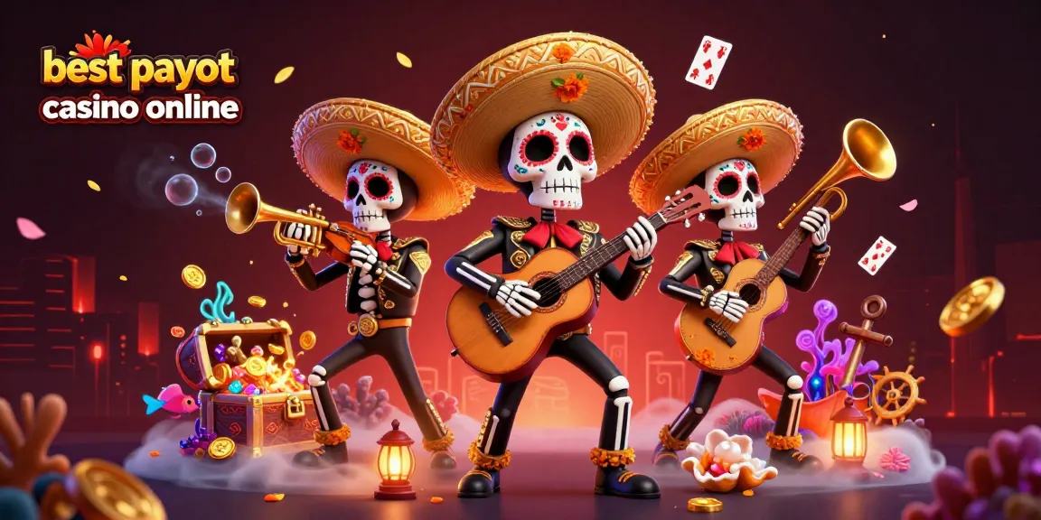 Play at the best payout casino online and experience vibrant gaming with lively skeleton mariachi band.