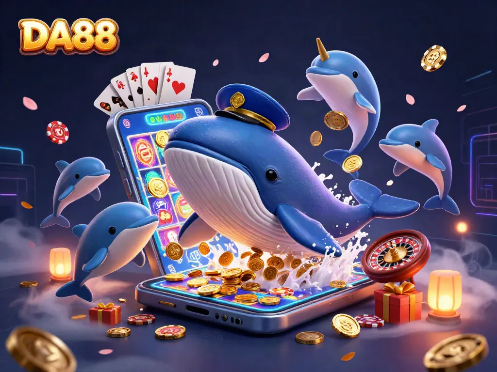 Experience winning moments at DA88 with playful dolphins, a captain whale, and vibrant casino elements.