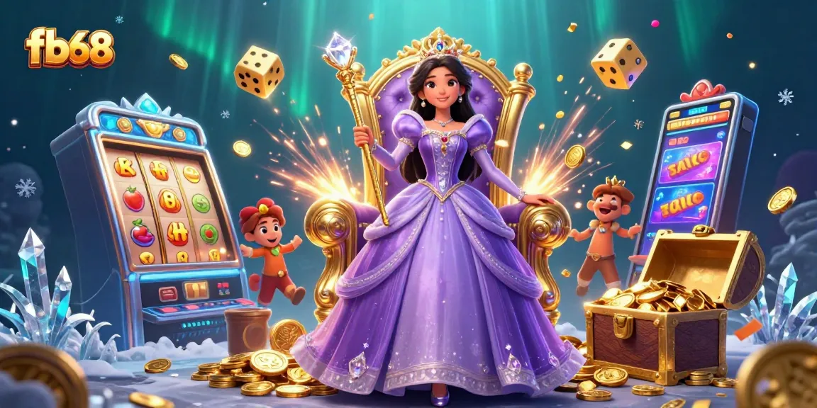 Experience fb 68 casino excitement with a majestic queen amidst a slot machine jackpot and bursting treasures.