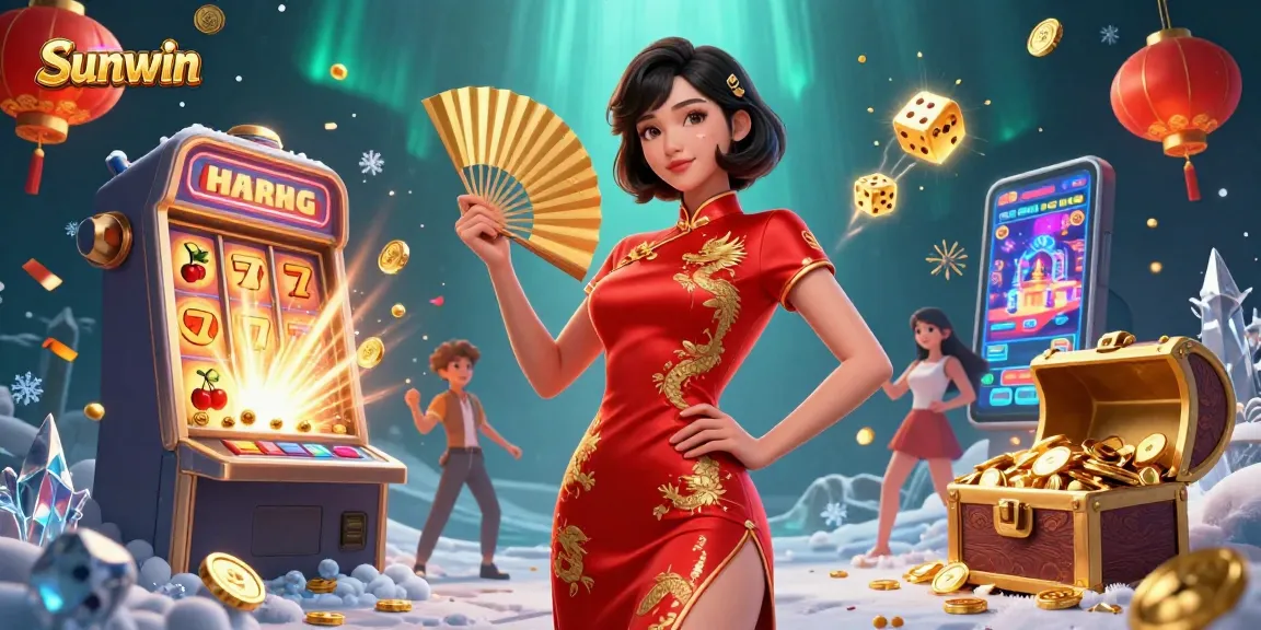 Spin to win big at Sunwin in this vibrant casino-themed illustration featuring a confident Asian woman.