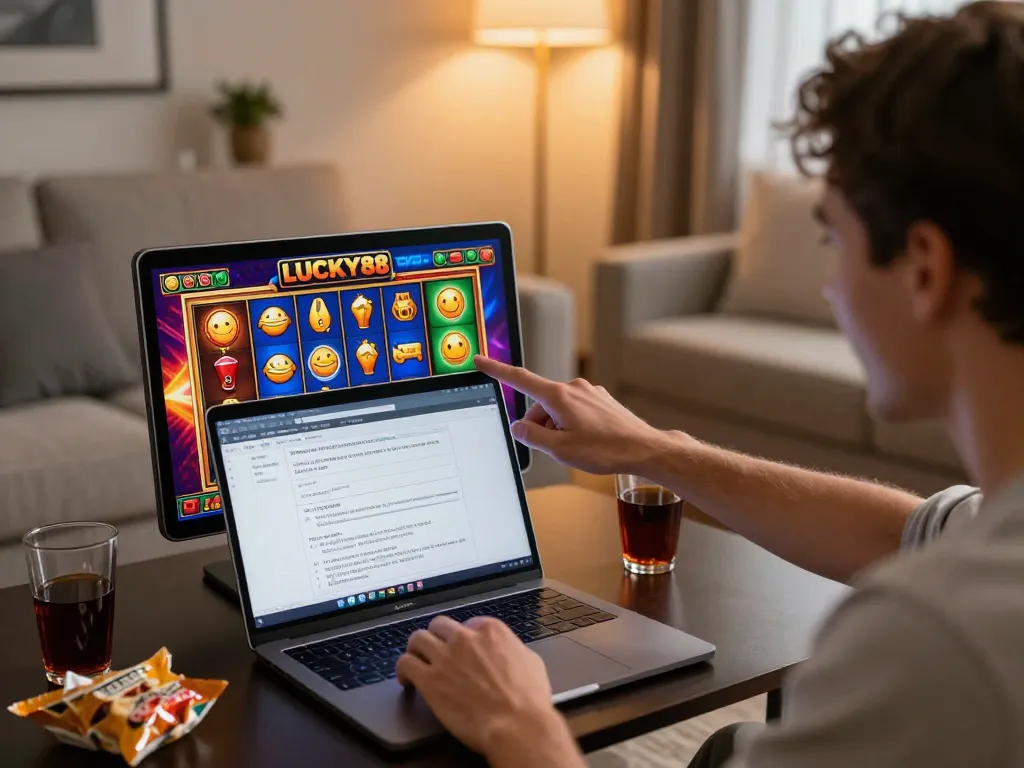 LUCKY88 player pressing the spin button on a colorful online slot machine, immersed in a relaxed gaming atmosphere.