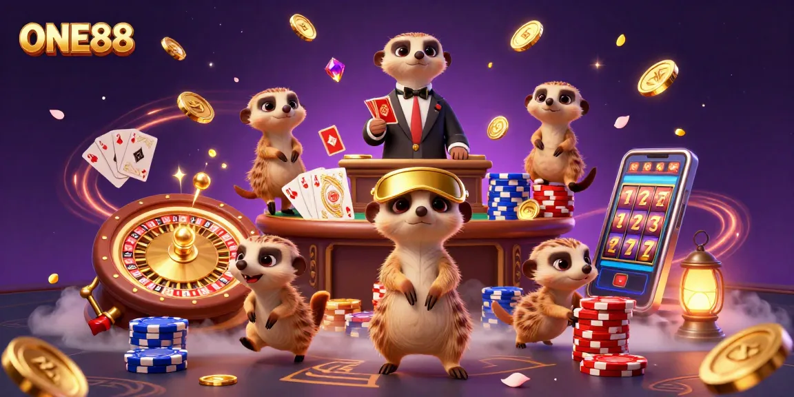 ONE88’s engaging casino scene showcases meerkats in action amidst dazzling gaming elements