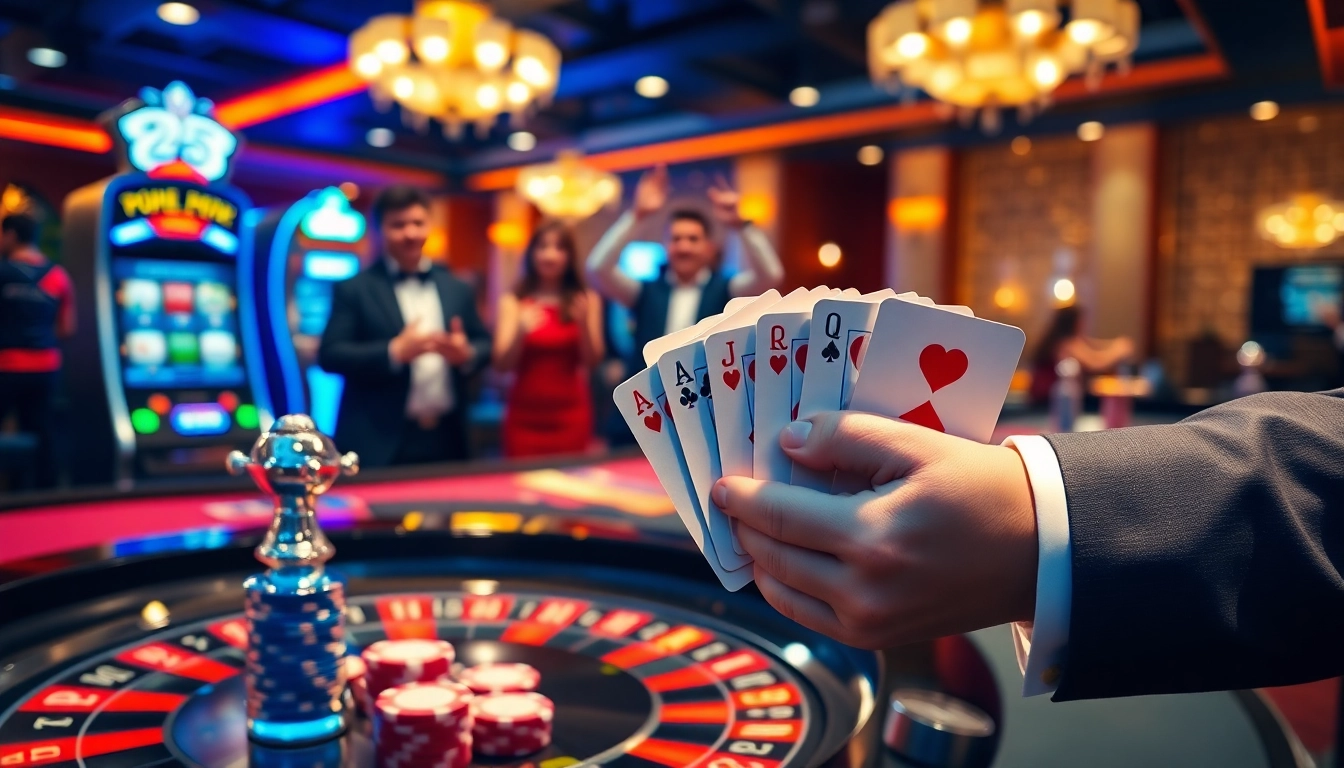 Excited players celebrating wins at the Nhà cái 23win casino with roulette and poker.