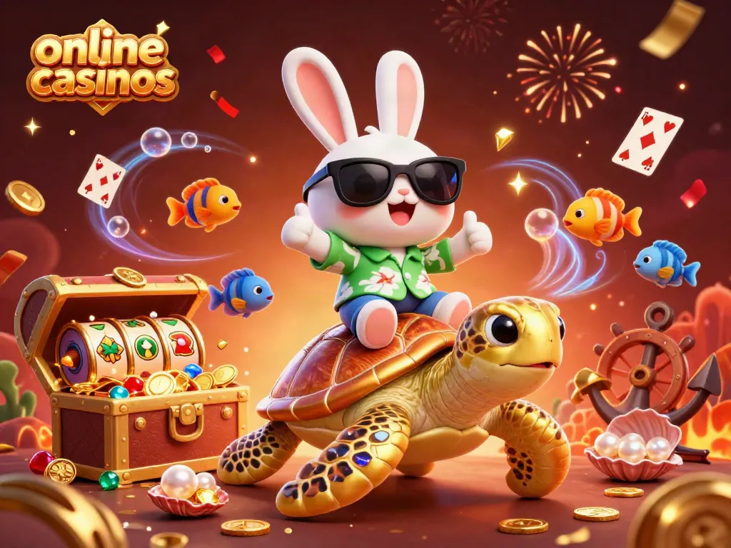 Experience vibrant online casinos with a lucky rabbit and a golden turtle surrounded by treasure.