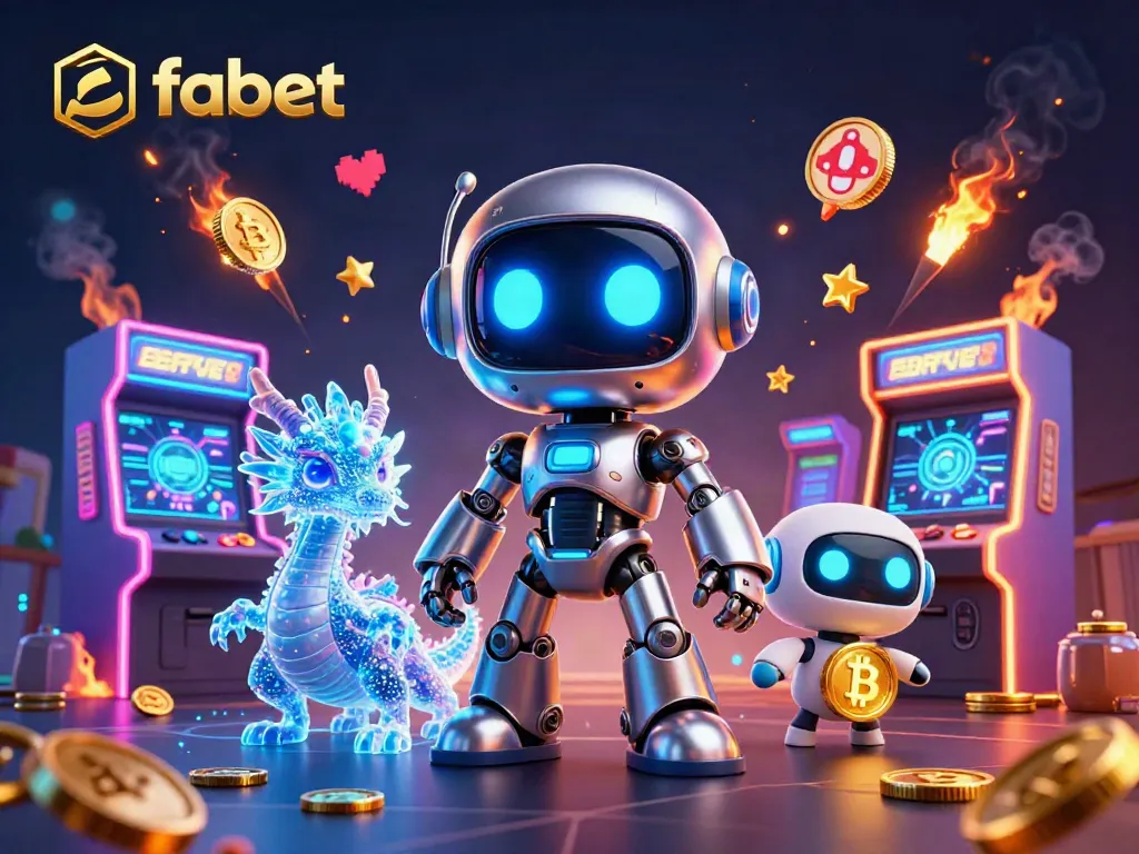 Engage with fabet's vibrant gaming world featuring a futuristic robot, holographic dragon, and bitcoin drone.