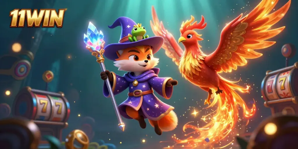 Engage with 11WIN's vibrant casino experience featuring a mystical fox wizard and gaming elements.