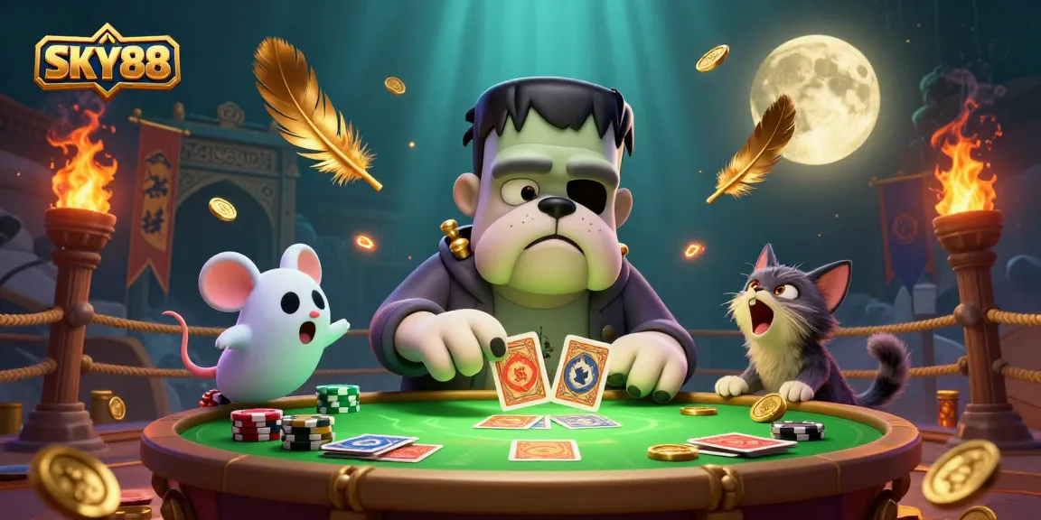 Join the action at SKY88 with thrilling card deals from a cartoon bulldog in an illuminated casino.