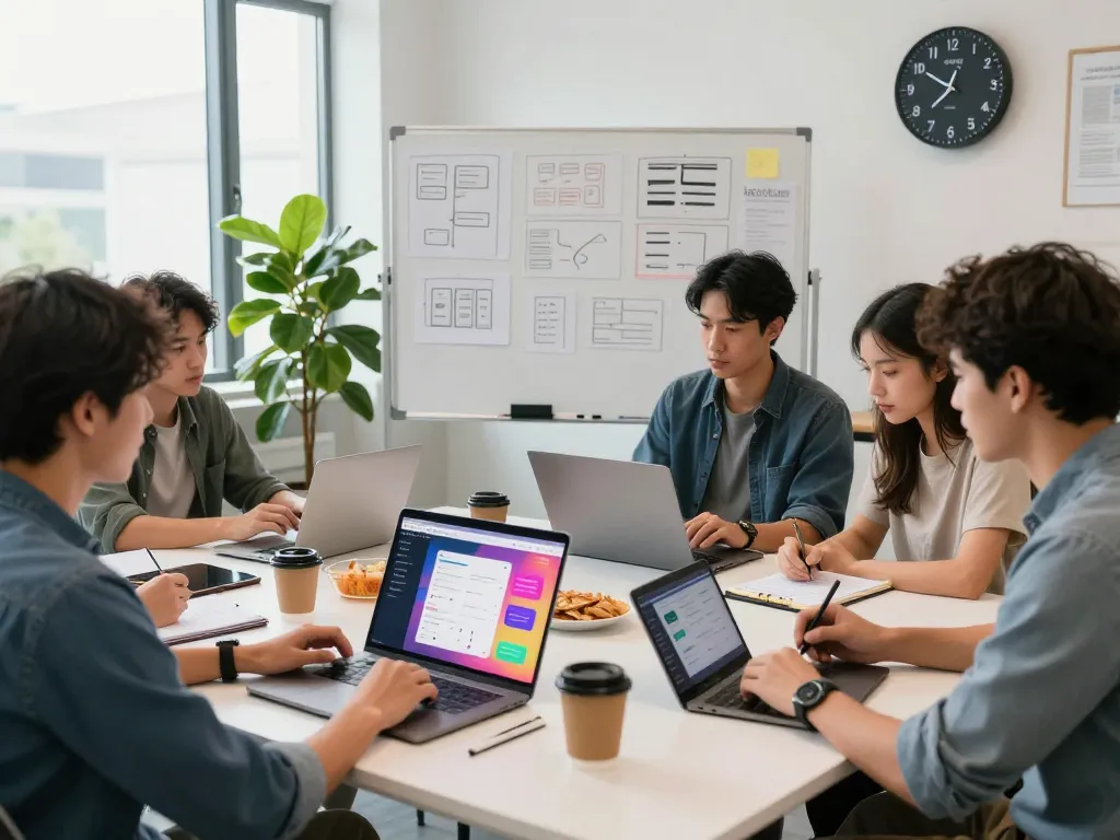 Dynamic mobile app development scene at https://thscrore.app/ showcasing collaboration and innovation in a modern workspace.