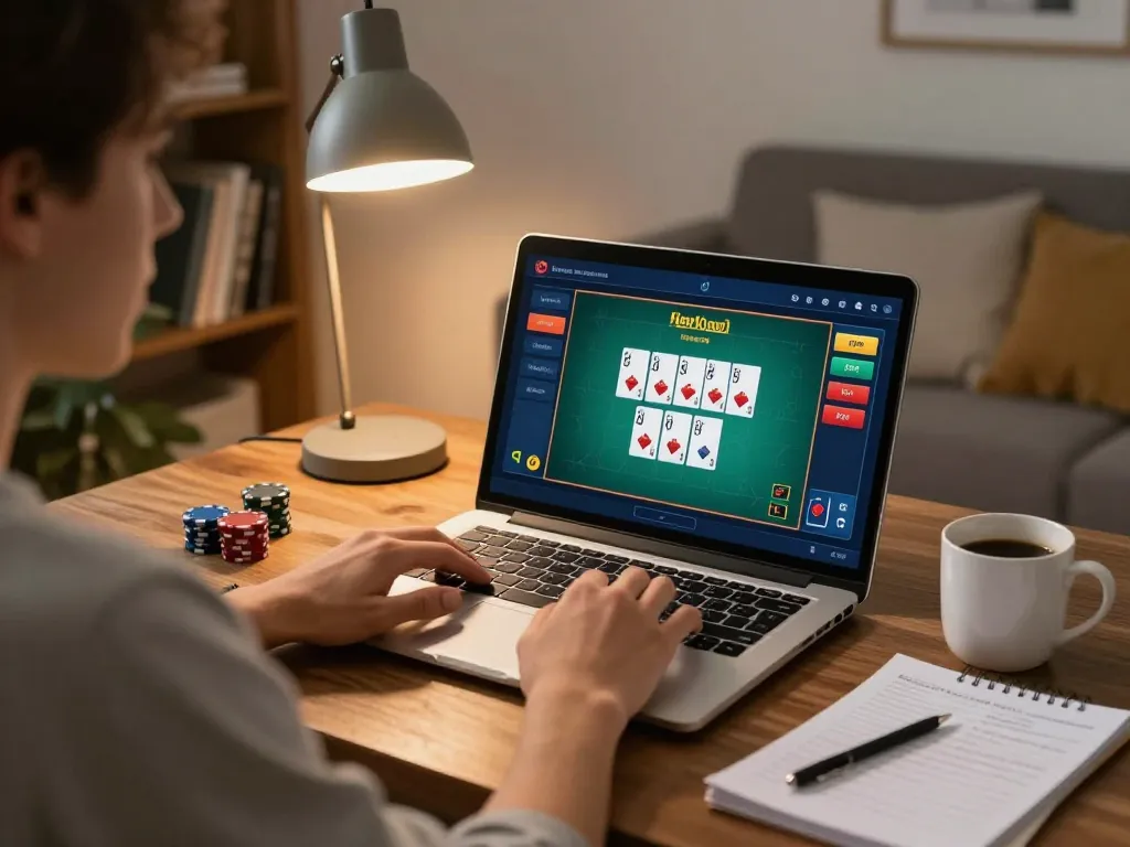 Playing online poker at home with go88 on laptop in a cozy and strategic environment.