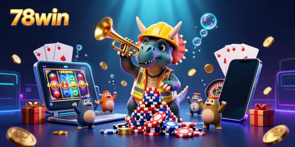 Engage with 78win's vibrant casino experience featuring cartoon dinosaurs celebrating around dynamic casino elements.
