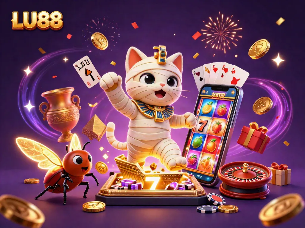 Experience thrilling wins at LU88 with a dynamic scene featuring a mummy cat and vibrant casino elements.