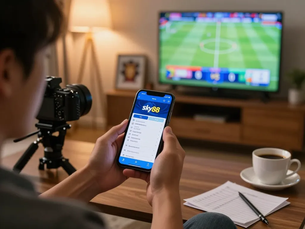 Engaged bettor using the Link truy cập Sky88 app on smartphone during a live sports event.