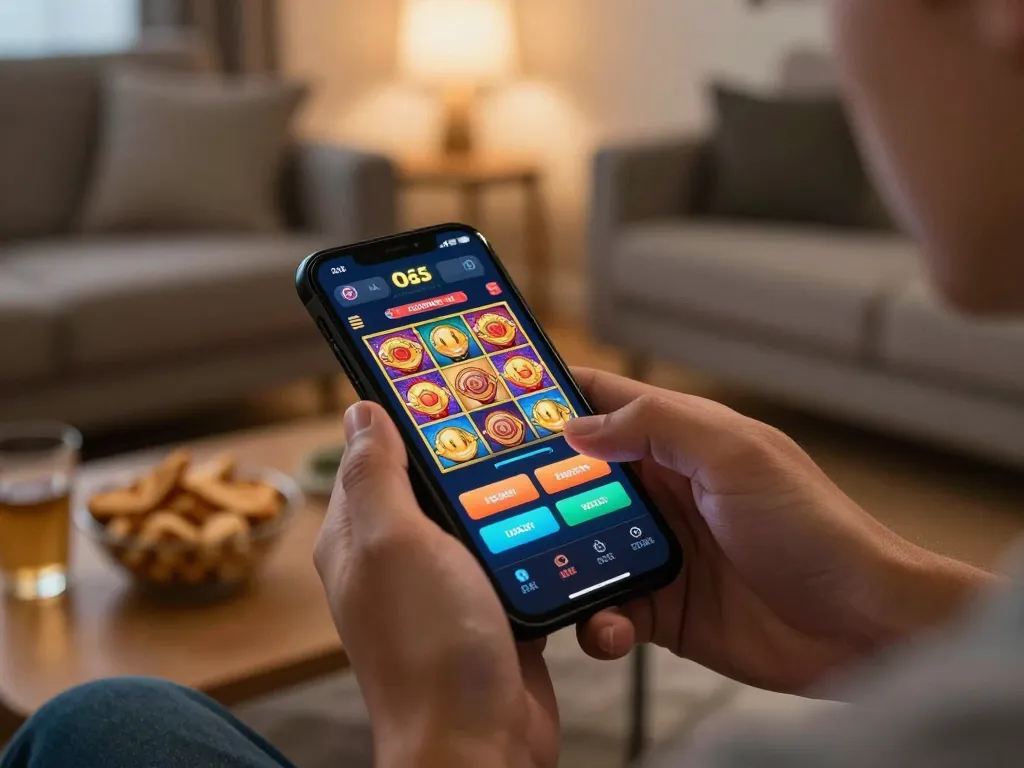 Engaging online gaming with deposit and withdrawal tips on smartphone screen in cozy home setting.