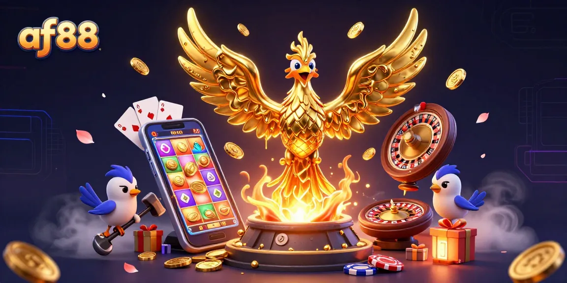 Spin to win with af88, featuring a golden phoenix and casino games exploding with excitement.