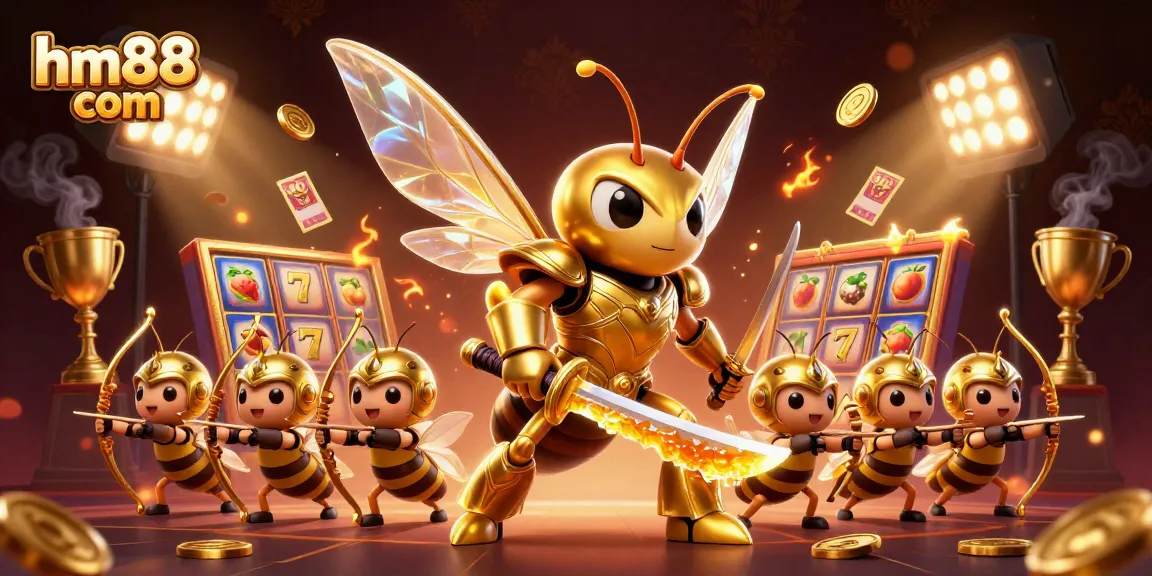 Engage in exciting action at hm88 com with a vibrant scene of a golden hornet samurai amidst dynamic slots and gaming elements.