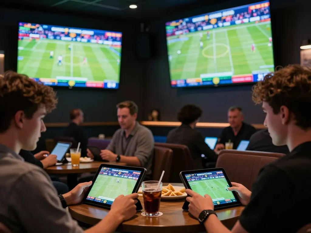Excited bettors placing wagers at one88 sports betting lounge with live match screens