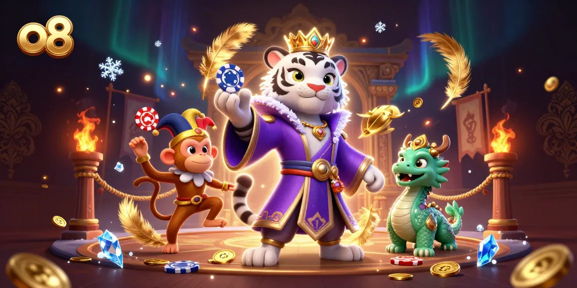 Experience thrilling gameplay at o8 with vibrant characters, glowing coins, and casino elements in a stunning 3D scene.