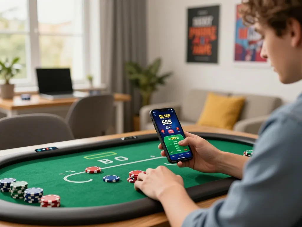 Engaging with BL 555 mobile casino app on smartphone for live poker games.