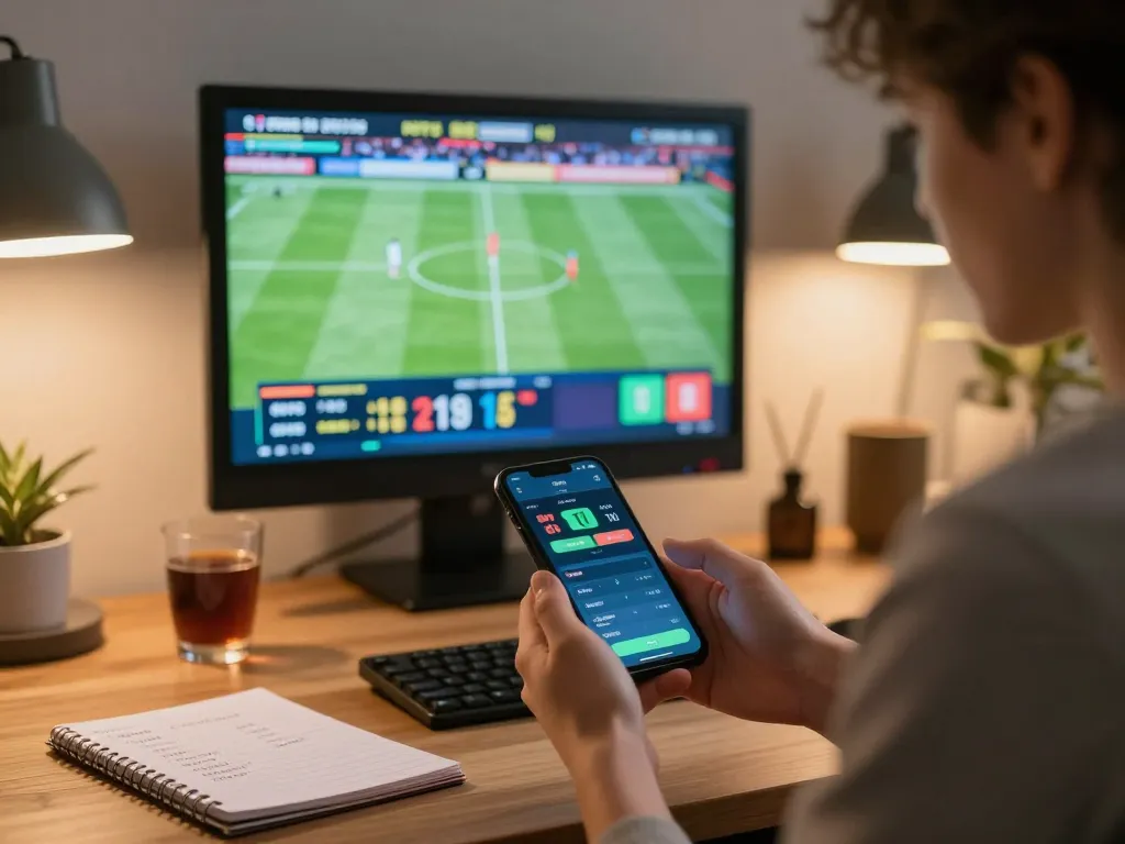 Engaging in mobile sports betting on Oxbet33 app in a stylish home office