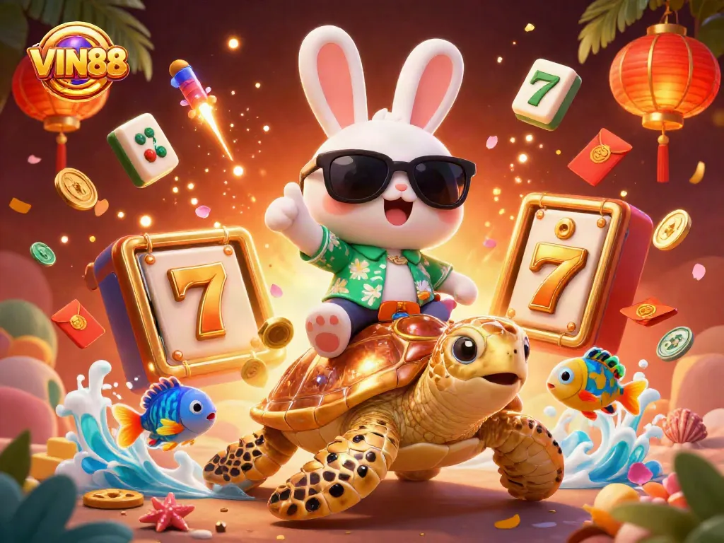 Experience thrilling wins with VIN88 in a vibrant 3D casino scene featuring lucky symbols and joyful characters.