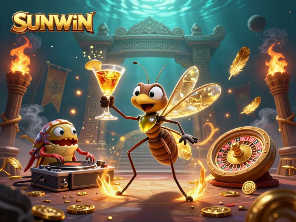 SUNWIN brings excitement with a vibrant casino scene featuring a frozen mosquito mascot, a trilobite DJ, and golden roulette wheel.