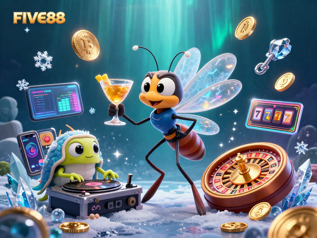 Engage with FIVE88's vibrant casino world featuring a lively mascot and gaming elements.