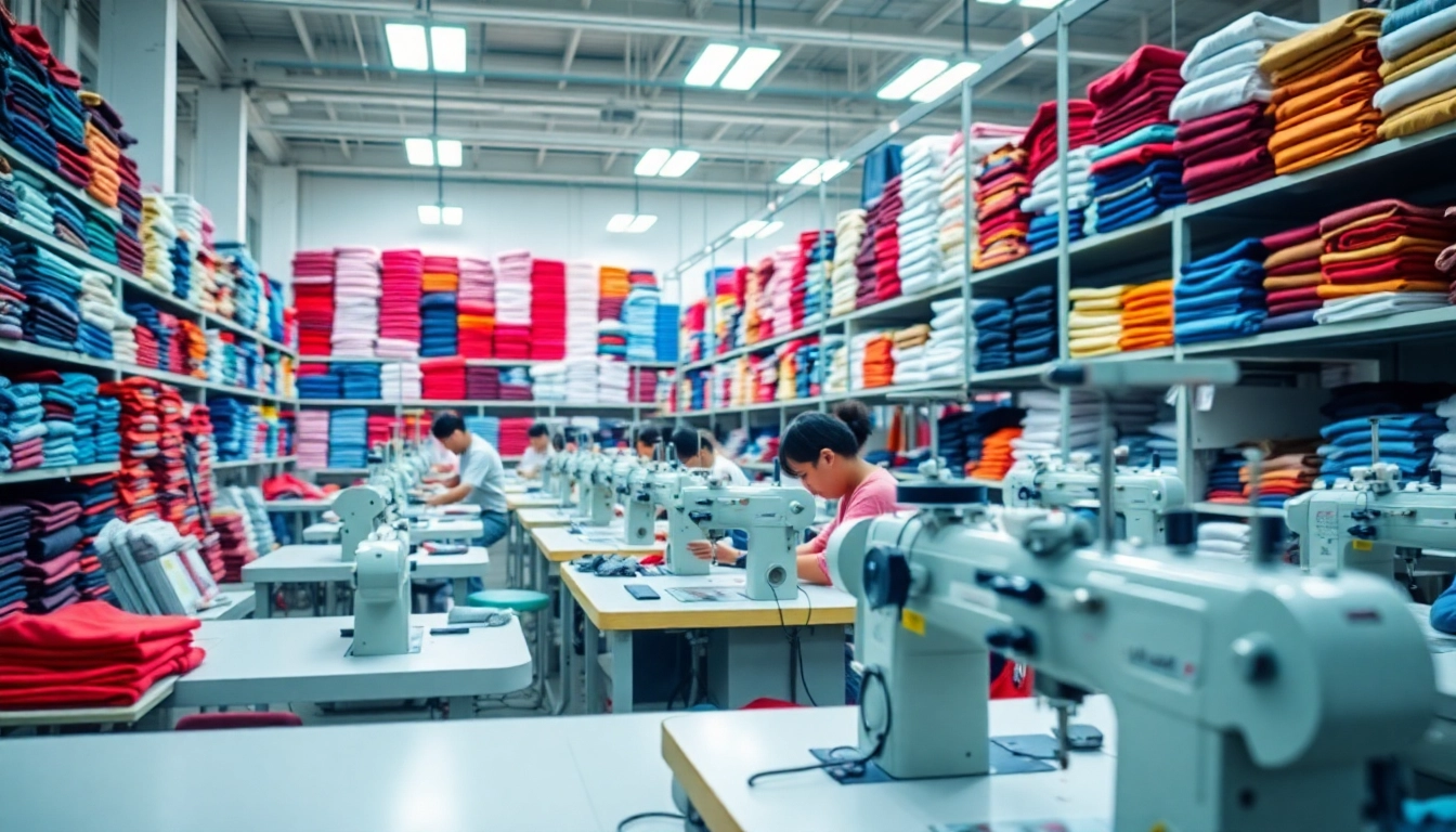 Explore Clothing manufacturers in China showcasing modern apparel production techniques in a bustling factory.