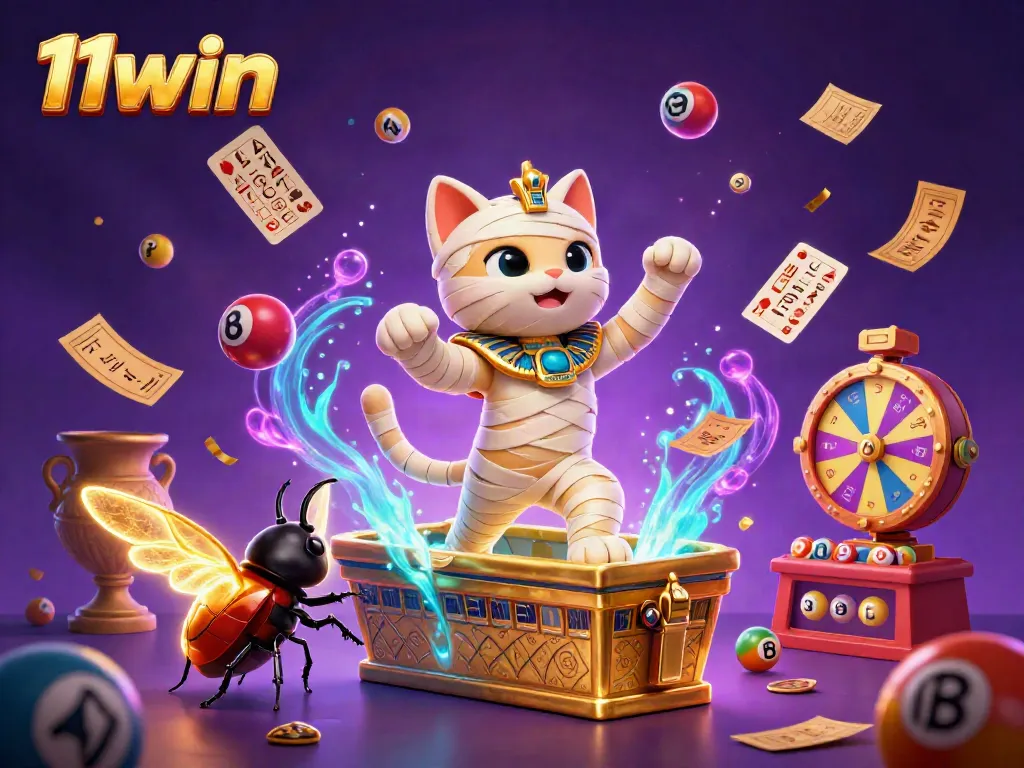 Experience the vibrant excitement of playing at 11win with an Egyptian mummy cat bursting from a sarcophagus!