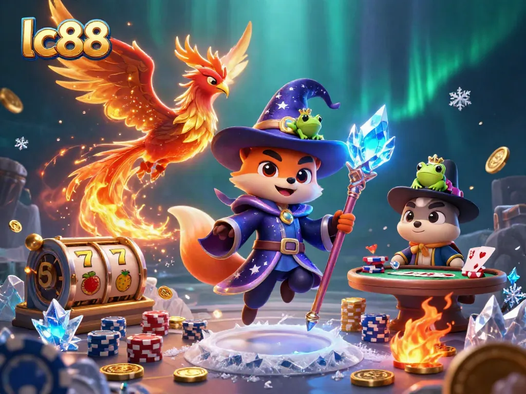 Engage with lc88's enchanting universe of casino games, featuring a magical scene with a wizard fox and phoenix.