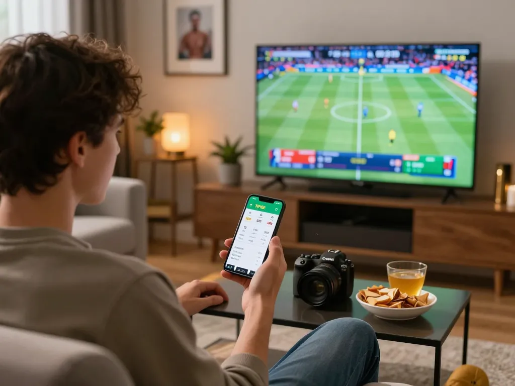 Engaged sports bettor using TIP88 app to place bets on live events at home