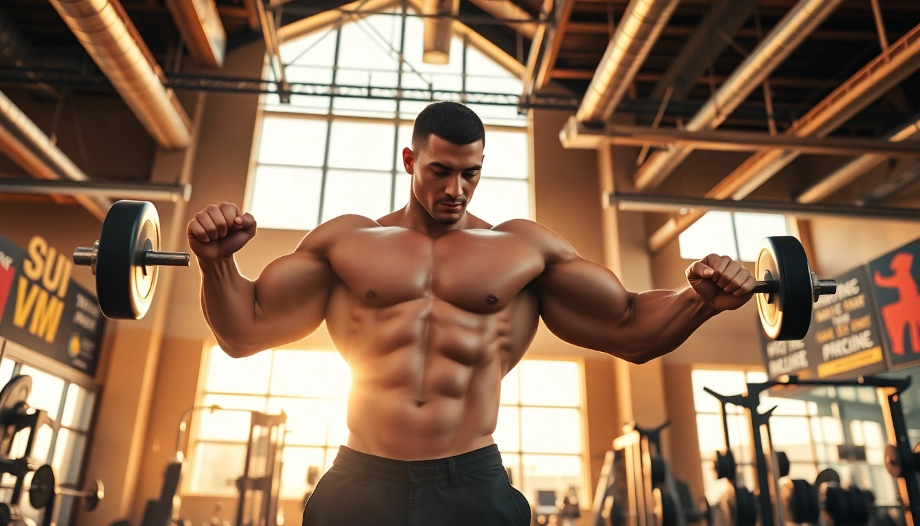 Bodybuilder using Canadian anabolics in a modern gym, showing strength and determination.