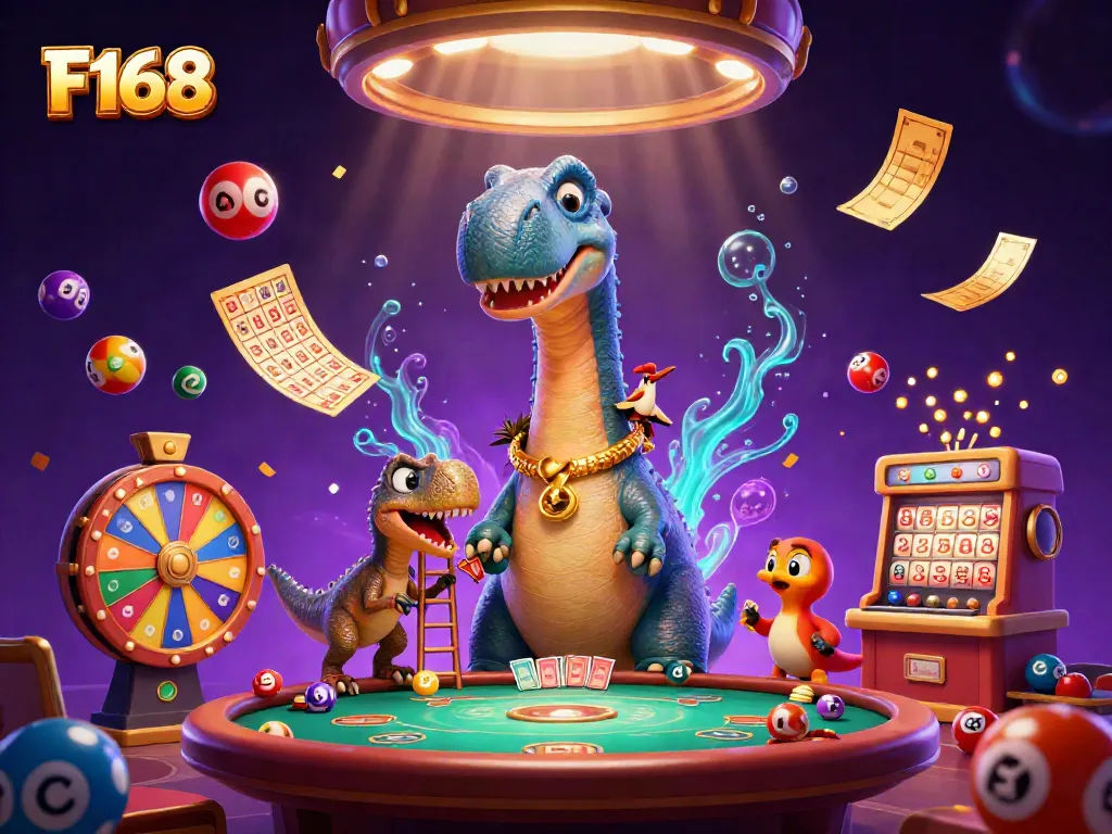 Experience F168's vibrant casino scene with animated cards, colorful tickets, and dynamic lottery elements.