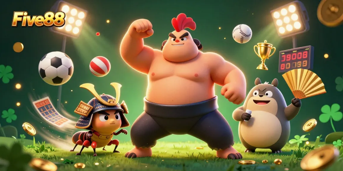 Engage with Five88's thrilling experience as a powerful sumo wrestler rooster storms the betting arena.