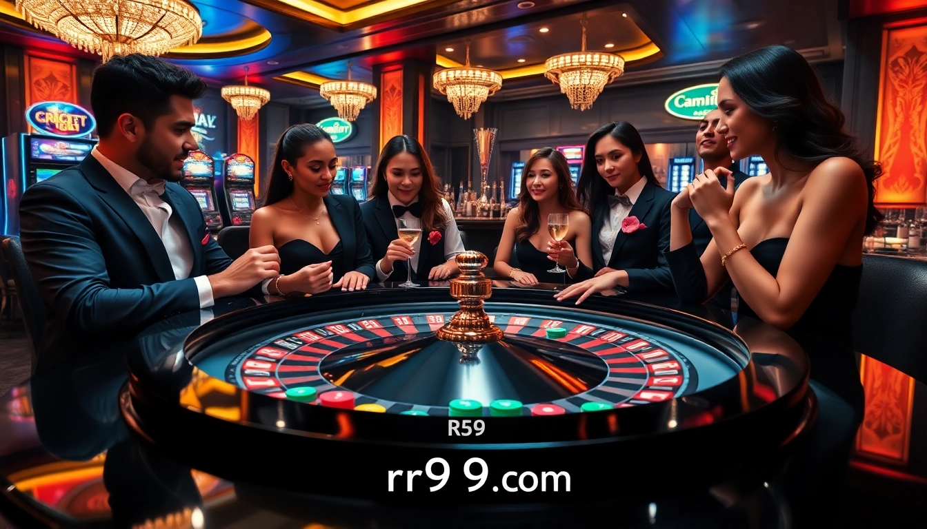 Players enjoying a game at rr99.com casino, featuring roulette and vibrant gambling decor.