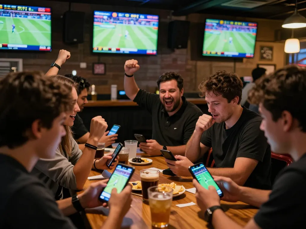 Excited group placing bets at sports bar, showcasing Link truy cập Da88 for live betting options.