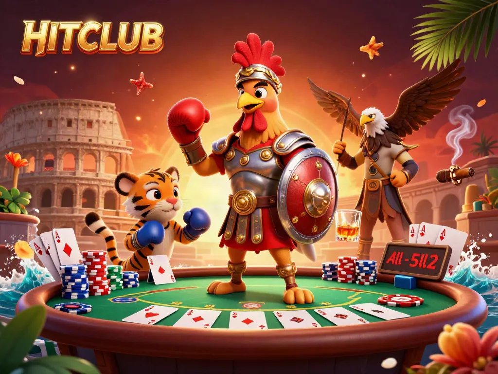 Engage with HITCLUB by playing poker surrounded by vibrant casino-themed characters.