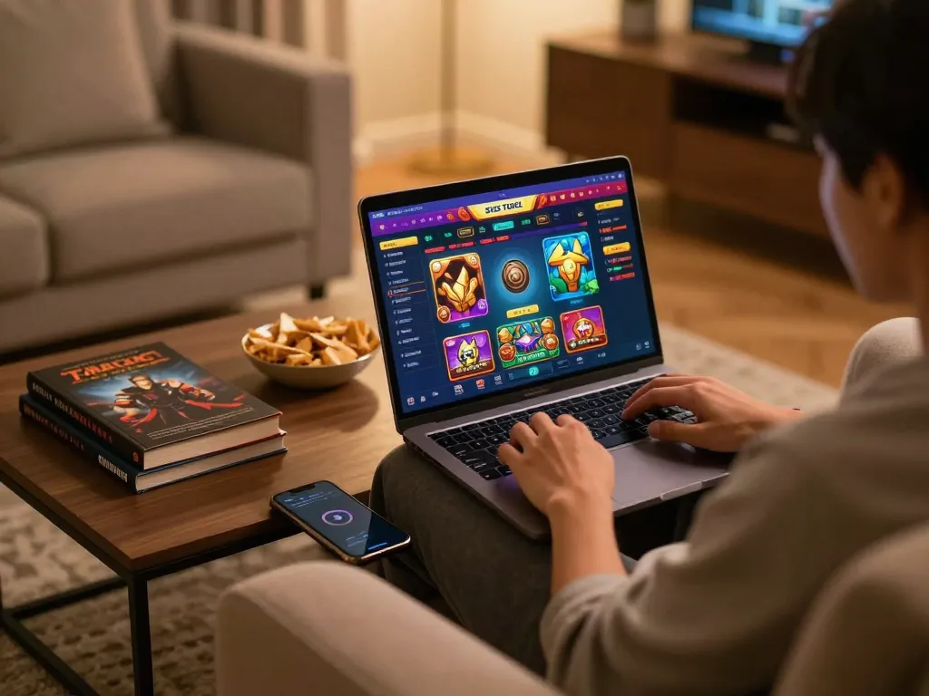 Pemain yang terlibat menggunakan laptop untuk taruhan situs togel di pengaturan rumah yang nyaman.