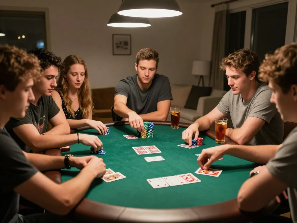 Friends strategizing during a lively home poker night with Sky 88, showcasing social gambling fun.