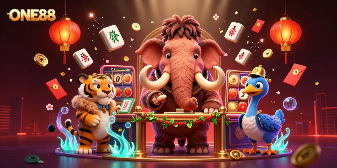ONE88 casino scene featuring a woolly mammoth bouncer checking IDs, alongside a VIP saber-tooth tiger.