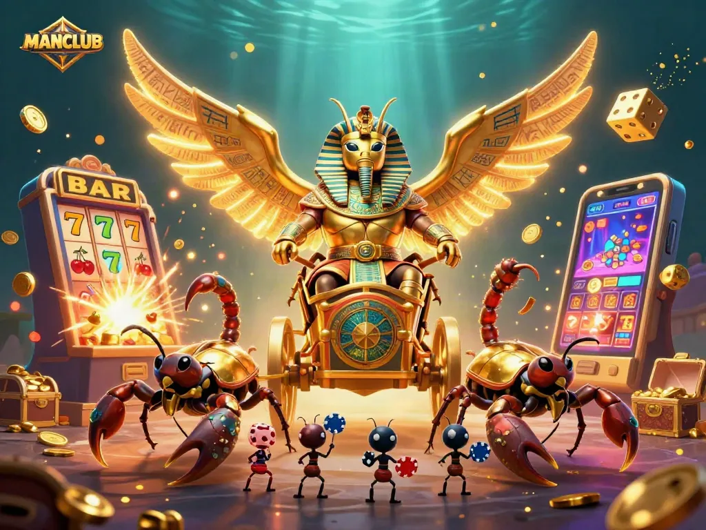 Engage with the excitement of MANCLUB's gaming world and jackpot wins illustrated with vibrant characters and symbols.