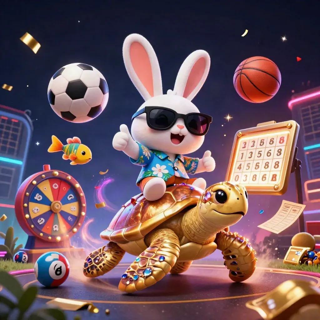 Lucky rabbit rides a gold turtle as sports balls and casino tokens explode in neon light.