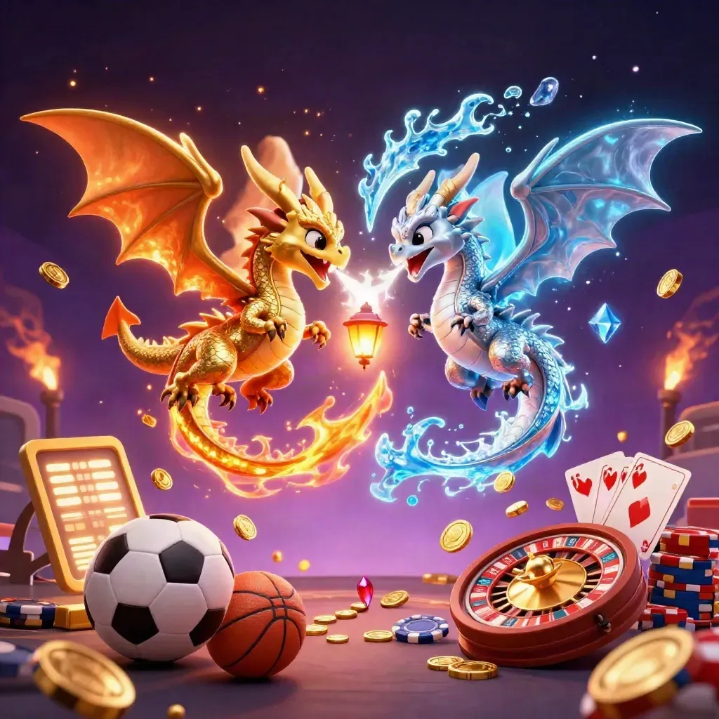 Twin gold and silver dragons with casino gear, coins, cards and sports balls in neon light.