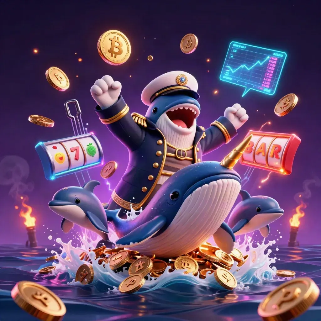 A whale captain, narwhal and dolphins burst through coins, reels and neon crypto casino effects.