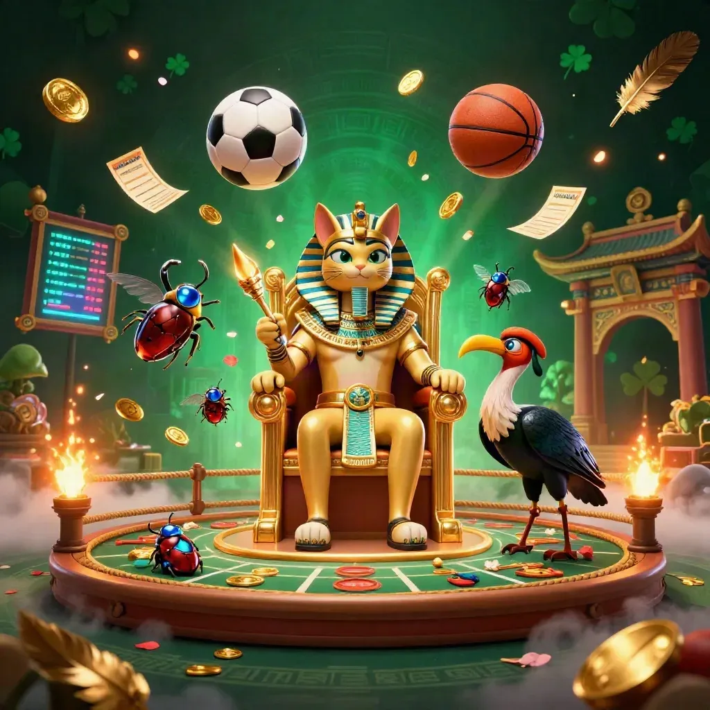 Pharaoh cat, ibis scribe, and scarab beetles amid flying balls, coins, and casino glow.