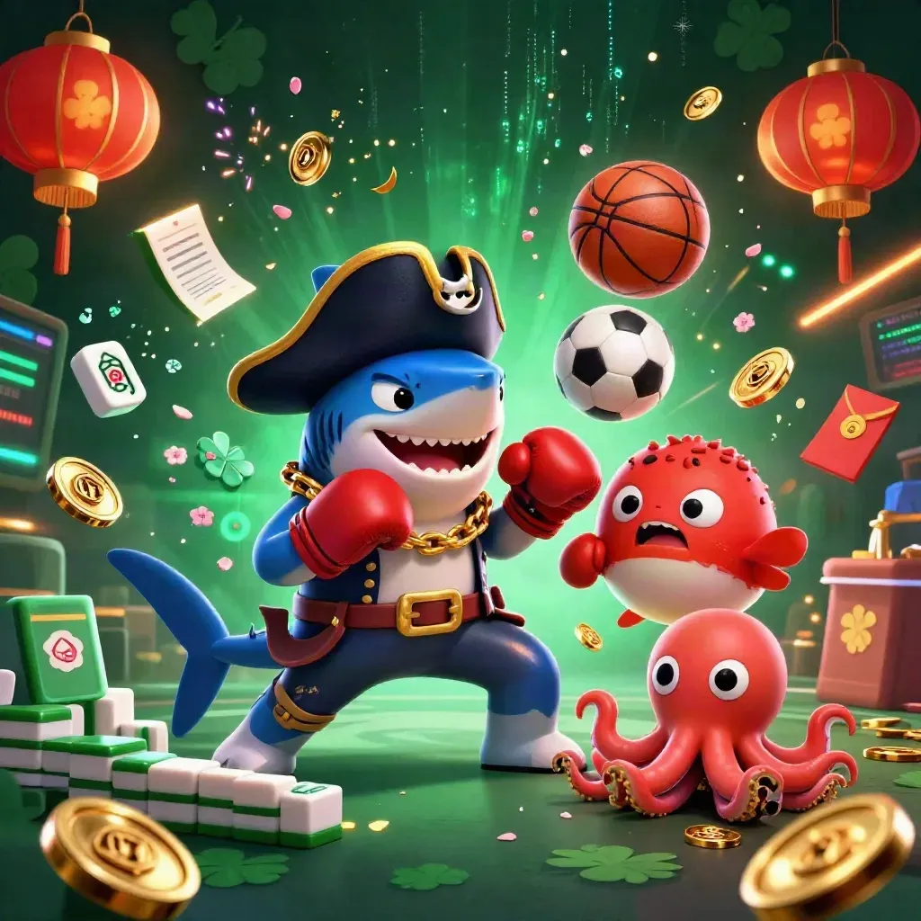Pirate shark, pufferfish, and octopus amid flying coins, lanterns, and sports balls in neon casino action