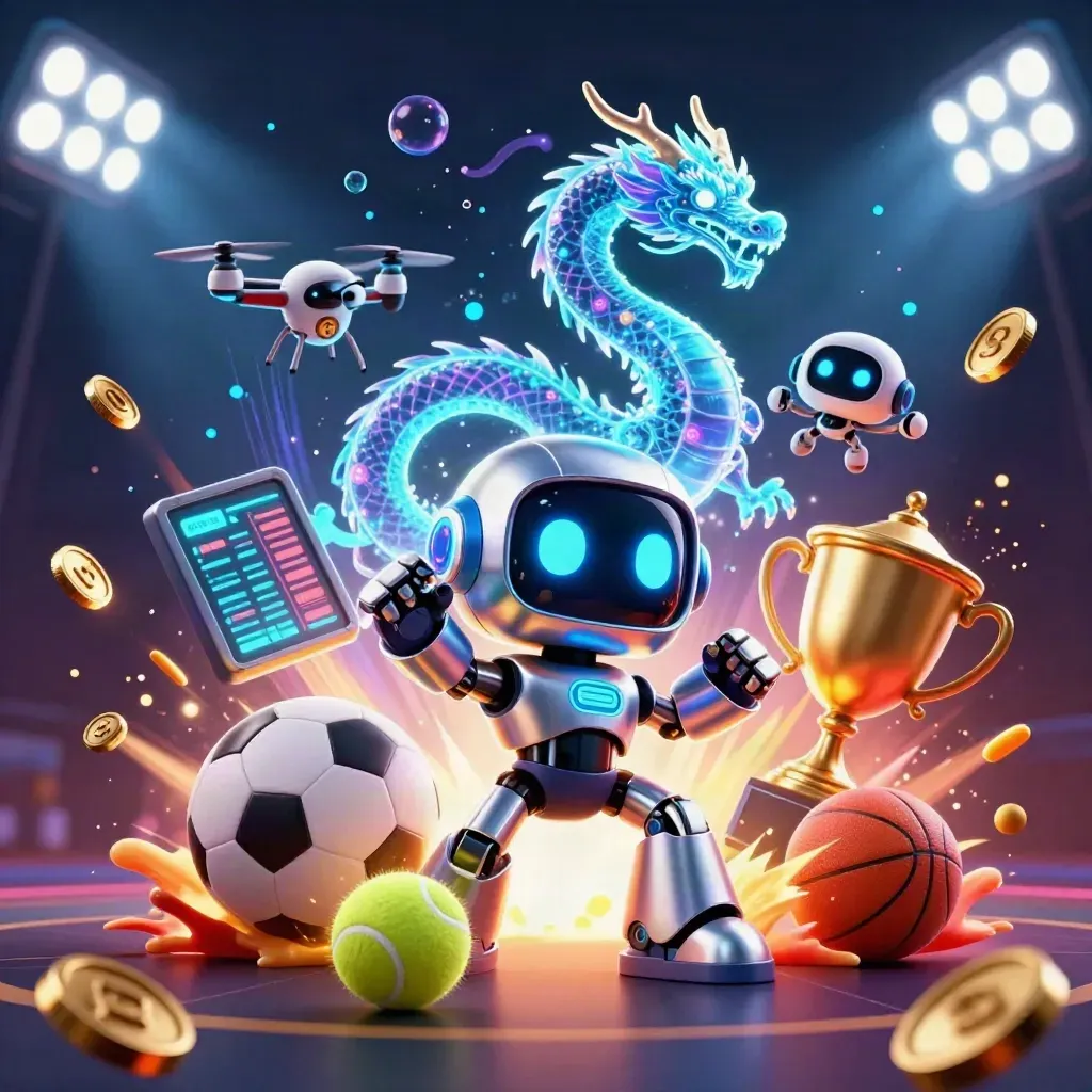 Cyberpunk robot, holographic dragon and coin drone amid flying sports balls, gold coins and stadium light